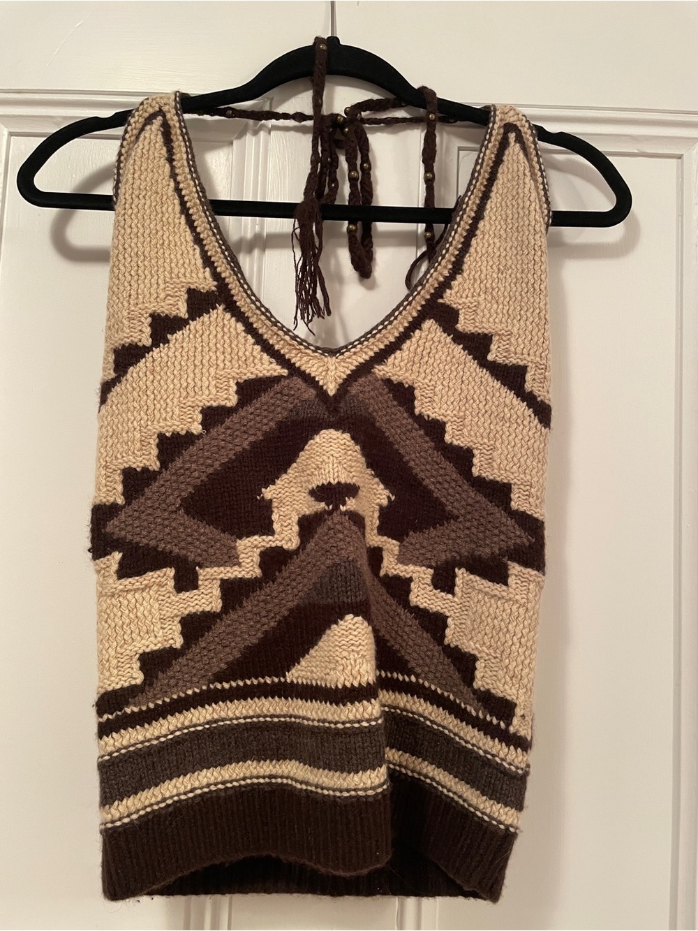 Vintage Ralph Lauren Cream & Brown V-Neck Geometric Knit Sweater